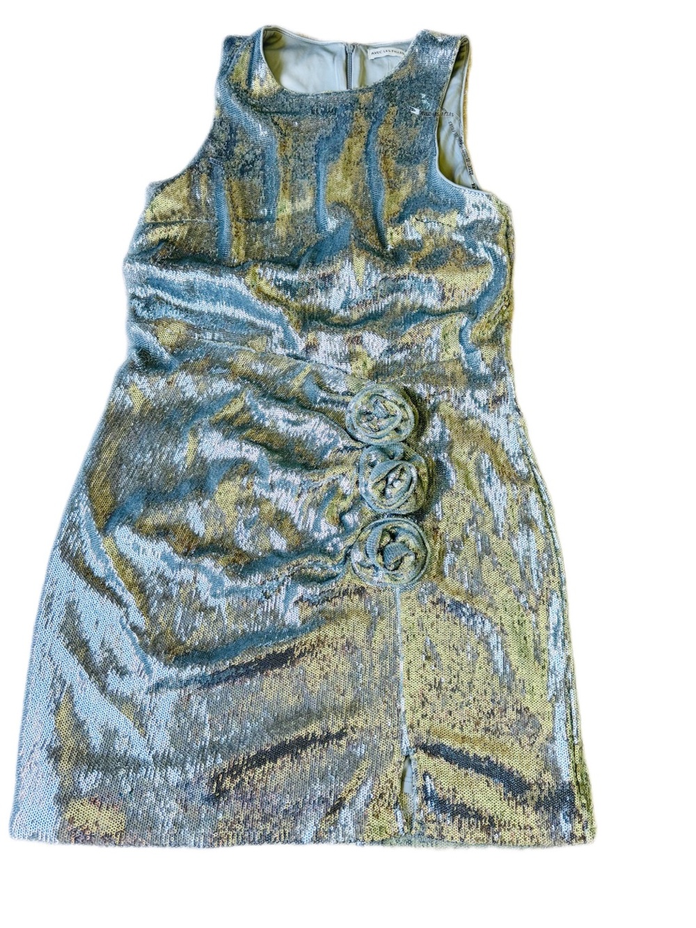 Avec Les Filles Blue and Gold Sequin Shift Dress with Rosette Accents